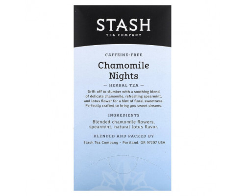 Травяные сборы и чаи Stash Tea, Herbal Tea, Chamomile Nights, без кофеина, 20 чайных пакетиков, 18 г (0,6 унции) Травяные сборы и чаи Stash Tea, Herbal Tea, Chamomile Nights, без кофеина, 20 чайных пакетиков, 18 г (0,6 унции)