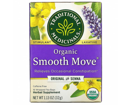 Traditional Medicinals, Organic Smooth Move, слабительное на основе сенны, без кофеина, 16 чайных пакетиков в индивидуальной упаковке, 1.13 унции (32 г) Traditional Medicinals, Organic Smooth Move, слабительное на основе сенны, без кофеина, 16 чайных пакетиков в индивидуальной упаковке, 1.13 унции (32 г)