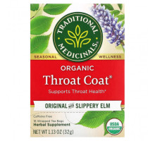 Травяные сборы и чаи Traditional Medicinals, Throat Coat, органический чай, оригинальный со скользким вязом, без кофеина, 16 чайных пакетиков, 32 г (1,13 унции)