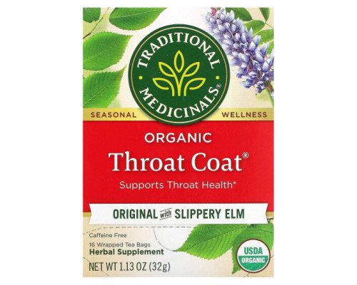 Травяные сборы и чаи Traditional Medicinals, Throat Coat, органический чай, оригинальный со скользким вязом, без кофеина, 16 чайных пакетиков, 32 г (1,13 унции) Травяные сборы и чаи Traditional Medicinals, Throat Coat, органический чай, оригинальный со скользким вязом, без кофеина, 16 чайных пакетиков, 32 г (1,13 унции)