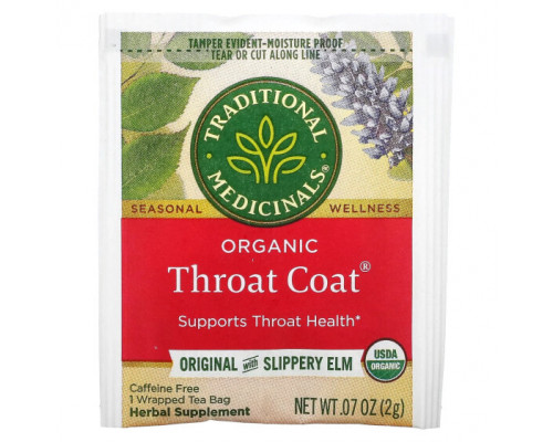 Травяные сборы и чаи Traditional Medicinals, Throat Coat, органический чай, оригинальный со скользким вязом, без кофеина, 16 чайных пакетиков, 32 г (1,13 унции) Травяные сборы и чаи Traditional Medicinals, Throat Coat, органический чай, оригинальный со скользким вязом, без кофеина, 16 чайных пакетиков, 32 г (1,13 унции)