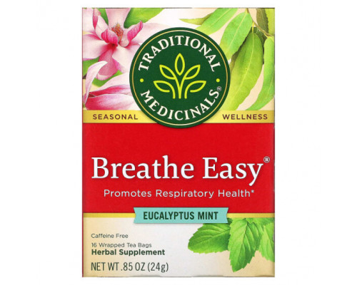 Травяные сборы и чаи Traditional Medicinals, Breathe Easy, эвкалипт и мята, без кофеина, 16 чайных пакетиков в упаковке, 24 г (0,85 унции) Травяные сборы и чаи Traditional Medicinals, Breathe Easy, эвкалипт и мята, без кофеина, 16 чайных пакетиков в упаковке, 24 г (0,85 унции)