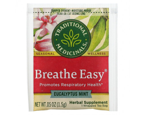 Травяные сборы и чаи Traditional Medicinals, Breathe Easy, эвкалипт и мята, без кофеина, 16 чайных пакетиков в упаковке, 24 г (0,85 унции) Травяные сборы и чаи Traditional Medicinals, Breathe Easy, эвкалипт и мята, без кофеина, 16 чайных пакетиков в упаковке, 24 г (0,85 унции)