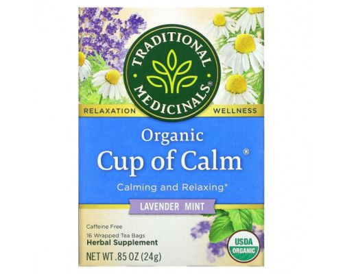 Травяные сборы и чаи Traditional Medicinals, Organic Cup of Calm, лаванда и мята, без кофеина, 16 чайных пакетиков в упаковке, 24 г (0,85 унции) Травяные сборы и чаи Traditional Medicinals, Organic Cup of Calm, лаванда и мята, без кофеина, 16 чайных пакетиков в упаковке, 24 г (0,85 унции)