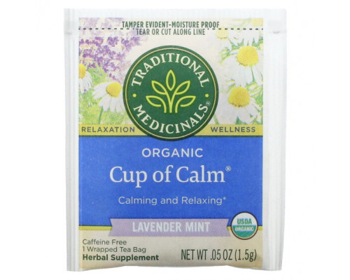 Травяные сборы и чаи Traditional Medicinals, Organic Cup of Calm, лаванда и мята, без кофеина, 16 чайных пакетиков в упаковке, 24 г (0,85 унции) Травяные сборы и чаи Traditional Medicinals, Organic Cup of Calm, лаванда и мята, без кофеина, 16 чайных пакетиков в упаковке, 24 г (0,85 унции)