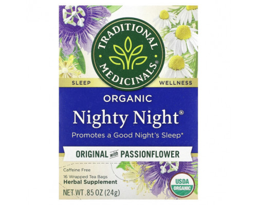 Травяные сборы и чаи Traditional Medicinals, Organic Nighty Night, оригинальный с пассифлорой, без кофеина, 16 чайных пакетиков в упаковке, 24 г (0,85 унции) Травяные сборы и чаи Traditional Medicinals, Organic Nighty Night, оригинальный с пассифлорой, без кофеина, 16 чайных пакетиков в упаковке, 24 г (0,85 унции)