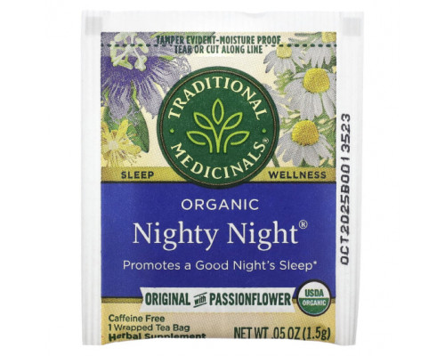 Травяные сборы и чаи Traditional Medicinals, Organic Nighty Night, оригинальный с пассифлорой, без кофеина, 16 чайных пакетиков в упаковке, 24 г (0,85 унции) Травяные сборы и чаи Traditional Medicinals, Organic Nighty Night, оригинальный с пассифлорой, без кофеина, 16 чайных пакетиков в упаковке, 24 г (0,85 унции)