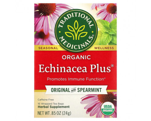 Травяные сборы и чаи Traditional Medicinals, Organic Echinacea Plus, оригинальный вкус с мятой, без кофеина, 16 чайных пакетиков в упаковке, 24 г (0,85 унции) Травяные сборы и чаи Traditional Medicinals, Organic Echinacea Plus, оригинальный вкус с мятой, без кофеина, 16 чайных пакетиков в упаковке, 24 г (0,85 унции)