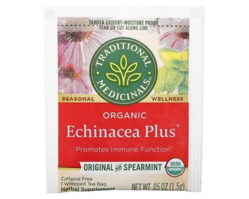 Травяные сборы и чаи Traditional Medicinals, Organic Echinacea Plus, оригинальный вкус с мятой, без кофеина, 16 чайных пакетиков в упаковке, 24 г (0,85 унции) Травяные сборы и чаи Traditional Medicinals, Organic Echinacea Plus, оригинальный вкус с мятой, без кофеина, 16 чайных пакетиков в упаковке, 24 г (0,85 унции)