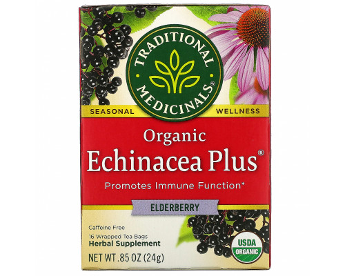 Traditional Medicinals, Organic Echinacea Plus, Elderberry, Caffeine Free, 16 Wrapped Tea Bags, .85 oz (24 g) Traditional Medicinals, Organic Echinacea Plus, Elderberry, Caffeine Free, 16 Wrapped Tea Bags, .85 oz (24 g)