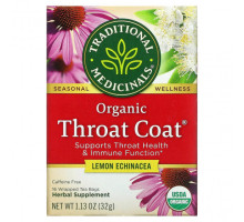 Травяные сборы и чаи Traditional Medicinals, Organic Throat Coat, лимонная эхинацея, без кофеина, 16 чайных пакетиков в упаковке, 32 г (1,13 унции)