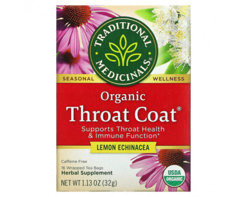 Травяные сборы и чаи Traditional Medicinals, Organic Throat Coat, лимонная эхинацея, без кофеина, 16 чайных пакетиков в упаковке, 32 г (1,13 унции) Травяные сборы и чаи Traditional Medicinals, Organic Throat Coat, лимонная эхинацея, без кофеина, 16 чайных пакетиков в упаковке, 32 г (1,13 унции)