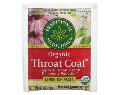 Травяные сборы и чаи Traditional Medicinals, Organic Throat Coat, лимонная эхинацея, без кофеина, 16 чайных пакетиков в упаковке, 32 г (1,13 унции) Травяные сборы и чаи Traditional Medicinals, Organic Throat Coat, лимонная эхинацея, без кофеина, 16 чайных пакетиков в упаковке, 32 г (1,13 унции)