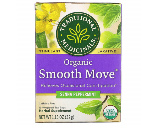 Traditional Medicinals, Органический мятный чай Smooth Move Peppermint, без кофеина, 16 пакетиков, 1.13 унц. (32 г) Traditional Medicinals, Органический мятный чай Smooth Move Peppermint, без кофеина, 16 пакетиков, 1.13 унц. (32 г)