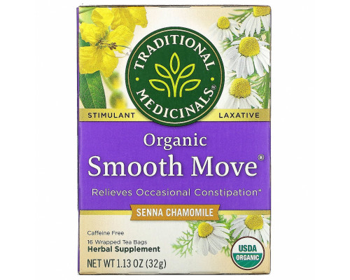 Traditional Medicinals, Organic Smooth Move, ромашка, без кофеина, 16 чайных пакетиков, 32 г (1,16 унций) Traditional Medicinals, Organic Smooth Move, ромашка, без кофеина, 16 чайных пакетиков, 32 г (1,16 унций)