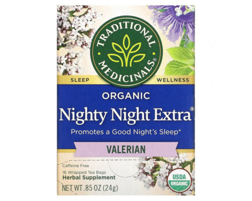 Травяные сборы и чаи Organic Nighty Night Extra, Lemon Balm & Valerian, Caffeine Free, 16 Wrapped Tea Bags, 0.85 oz (24 g) Травяные сборы и чаи Organic Nighty Night Extra, Lemon Balm & Valerian, Caffeine Free, 16 Wrapped Tea Bags, 0.85 oz (24 g)