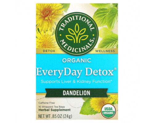 Травяные сборы и чаи Traditional Medicinals, Organic EveryDay Detox, одуванчик, без кофеина, 16 чайных пакетиков в упаковке, 24 г (0,85 унции) Травяные сборы и чаи Traditional Medicinals, Organic EveryDay Detox, одуванчик, без кофеина, 16 чайных пакетиков в упаковке, 24 г (0,85 унции)