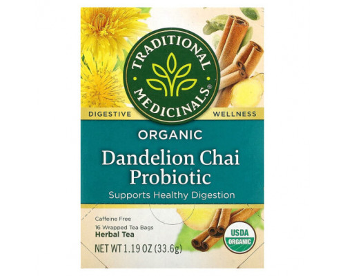 Травяные сборы и чаи Traditional Medicinals, Organic Dandelion Chai Probiotic, пробиотический чайс одуванчиком, 16 чайных пакетиков, 33,6 г (1,19 унции) Травяные сборы и чаи Traditional Medicinals, Organic Dandelion Chai Probiotic, пробиотический чайс одуванчиком, 16 чайных пакетиков, 33,6 г (1,19 унции)
