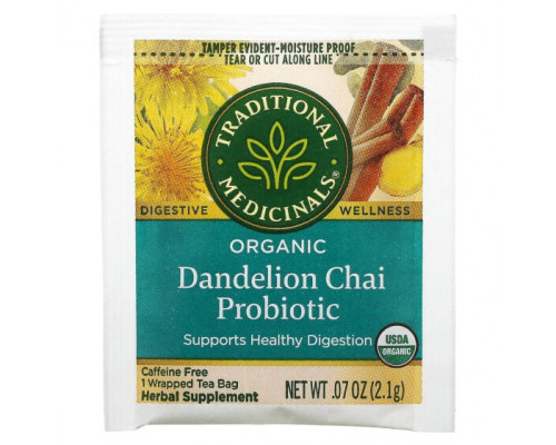 Травяные сборы и чаи Traditional Medicinals, Organic Dandelion Chai Probiotic, пробиотический чайс одуванчиком, 16 чайных пакетиков, 33,6 г (1,19 унции) Травяные сборы и чаи Traditional Medicinals, Organic Dandelion Chai Probiotic, пробиотический чайс одуванчиком, 16 чайных пакетиков, 33,6 г (1,19 унции)