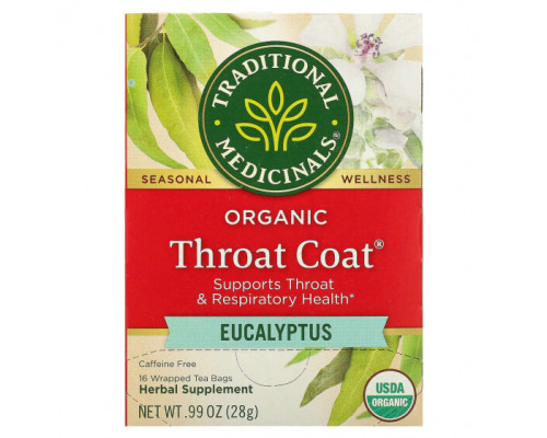 Травяные сборы и чаи Traditional Medicinals, Organic Throat Coat, эвкалипт, без кофеина, 16 чайных пакетиков в упаковке, 28 г (0,99 унции) Травяные сборы и чаи Traditional Medicinals, Organic Throat Coat, эвкалипт, без кофеина, 16 чайных пакетиков в упаковке, 28 г (0,99 унции)