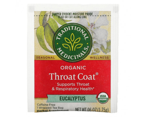Травяные сборы и чаи Traditional Medicinals, Organic Throat Coat, эвкалипт, без кофеина, 16 чайных пакетиков в упаковке, 28 г (0,99 унции) Травяные сборы и чаи Traditional Medicinals, Organic Throat Coat, эвкалипт, без кофеина, 16 чайных пакетиков в упаковке, 28 г (0,99 унции)