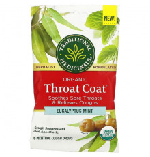 От гриппа и простуды Traditional Medicinals, Organic Throat Coat Drops, эвкалиптовая мята, 16 леденцов от кашля с ментолом