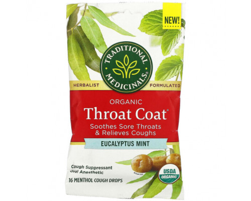 От гриппа и простуды Traditional Medicinals, Organic Throat Coat Drops, эвкалиптовая мята, 16 леденцов от кашля с ментолом От гриппа и простуды Traditional Medicinals, Organic Throat Coat Drops, эвкалиптовая мята, 16 леденцов от кашля с ментолом