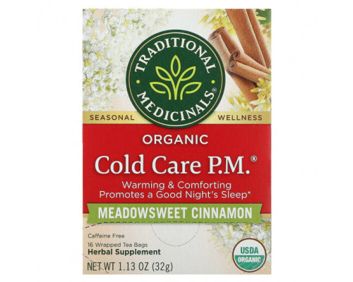Травяные сборы и чаи Traditional Medicinals, Organic Cold Care PM, таволга, корица, без кофеина, 16 чайных пакетиков в упаковке, 32 г (1,13 унции) каждый Травяные сборы и чаи Traditional Medicinals, Organic Cold Care PM, таволга, корица, без кофеина, 16 чайных пакетиков в упаковке, 32 г (1,13 унции) каждый