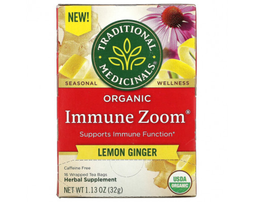 Травяные сборы и чаи Traditional Medicinals, Organic Immune Zoom, лимонный имбирь, без кофеина, 16 чайных пакетиков в упаковке, 32 г (1,13 унции) Травяные сборы и чаи Traditional Medicinals, Organic Immune Zoom, лимонный имбирь, без кофеина, 16 чайных пакетиков в упаковке, 32 г (1,13 унции)