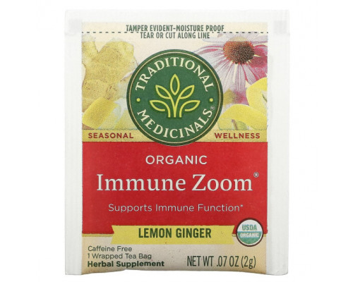Травяные сборы и чаи Traditional Medicinals, Organic Immune Zoom, лимонный имбирь, без кофеина, 16 чайных пакетиков в упаковке, 32 г (1,13 унции) Травяные сборы и чаи Traditional Medicinals, Organic Immune Zoom, лимонный имбирь, без кофеина, 16 чайных пакетиков в упаковке, 32 г (1,13 унции)