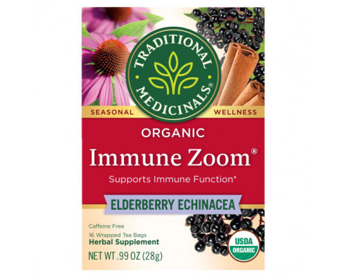 Травяные сборы и чаи Traditional Medicinals, Organic Immune Zoom, Elderberry Echinacea, Caffeine Free, 16 Wrapped Tea Bags, 0.06 oz (1.75 g) Each Травяные сборы и чаи Traditional Medicinals, Organic Immune Zoom, Elderberry Echinacea, Caffeine Free, 16 Wrapped Tea Bags, 0.06 oz (1.75 g) Each