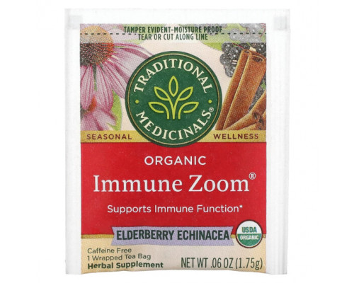 Травяные сборы и чаи Traditional Medicinals, Organic Immune Zoom, Elderberry Echinacea, Caffeine Free, 16 Wrapped Tea Bags, 0.06 oz (1.75 g) Each Травяные сборы и чаи Traditional Medicinals, Organic Immune Zoom, Elderberry Echinacea, Caffeine Free, 16 Wrapped Tea Bags, 0.06 oz (1.75 g) Each