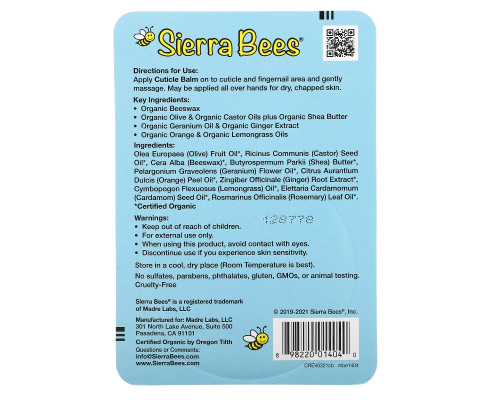 Sierra Bees, Бальзам для ухода за кутикулой, герань, апельсин и лемонграсс, 17 г (0,6 унции) Sierra Bees, Бальзам для ухода за кутикулой, герань, апельсин и лемонграсс, 17 г (0,6 унции)
