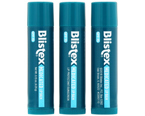 Blistex, Бальзам для губ с лечебным действием, Защита губ / Солнцезащитный фильтр SPF 15, в упаковке 3 бальзама, 0,15 унции (4,25 г) каждый Blistex, Бальзам для губ с лечебным действием, Защита губ / Солнцезащитный фильтр SPF 15, в упаковке 3 бальзама, 0,15 унции (4,25 г) каждый