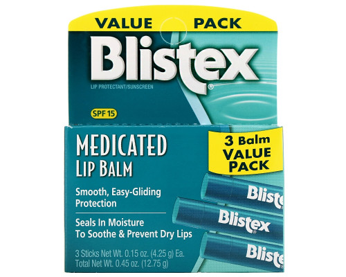 Blistex, Бальзам для губ с лечебным действием, Защита губ / Солнцезащитный фильтр SPF 15, в упаковке 3 бальзама, 0,15 унции (4,25 г) каждый Blistex, Бальзам для губ с лечебным действием, Защита губ / Солнцезащитный фильтр SPF 15, в упаковке 3 бальзама, 0,15 унции (4,25 г) каждый