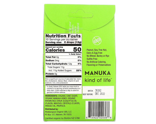 Wedderspoon Organic, Inc., Organic Manuka Honey Drops, Eucalyptus with Bee Propolis, 4 oz (120 g) Wedderspoon Organic, Inc., Organic Manuka Honey Drops, Eucalyptus with Bee Propolis, 4 oz (120 g)
