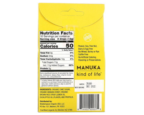 Wedderspoon Organic, Inc., Organic Manuka Honey Drops, Lemon With Bee Propolis, 4 oz (120 g)