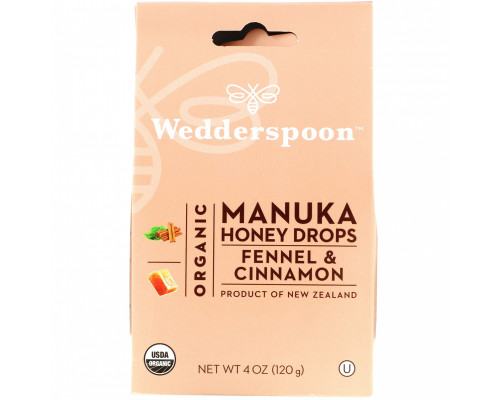 Wedderspoon, Organic Manuka Honey Drops, Fennel & Cinnamon, 4 oz (120 g) Wedderspoon, Organic Manuka Honey Drops, Fennel & Cinnamon, 4 oz (120 g)