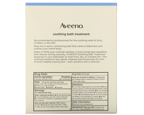 Aveeno Active Naturals Для успокаивающей ванной процедуры без отдушек 8 однопорционных пакетиков 1.5 унции (42 г) каждый. Aveeno Active Naturals Для успокаивающей ванной процедуры без отдушек 8 однопорционных пакетиков 1.5 унции (42 г) каждый.
