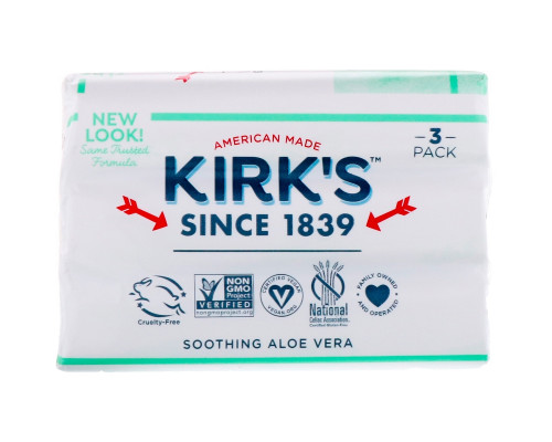 Kirk's, 100% кокосовое масло, Нежное кастильское мыло, успокаивающее алоэ вера, 3 батончика, 4 унции (113 г) каждый Kirk's, 100% кокосовое масло, Нежное кастильское мыло, успокаивающее алоэ вера, 3 батончика, 4 унции (113 г) каждый