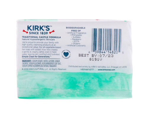 Kirk's, 100% кокосовое масло, Нежное кастильское мыло, успокаивающее алоэ вера, 3 батончика, 4 унции (113 г) каждый Kirk's, 100% кокосовое масло, Нежное кастильское мыло, успокаивающее алоэ вера, 3 батончика, 4 унции (113 г) каждый