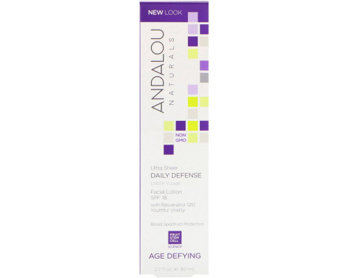 Andalou Naturals, Возрастной вызов, Ultra Sheer Daily Defense, Защитный Лосьон от солнца и для молодости лица, SPF 18, 2,7 унций 80 мл Andalou Naturals, Возрастной вызов, Ultra Sheer Daily Defense, Защитный Лосьон от солнца и для молодости лица, SPF 18, 2,7 унций 80 мл