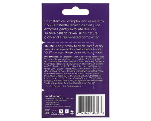 Andalou Naturals, Мгновенное омоложение, плодово-ягодная маска, для питания и омоложения кожи лица, 8 ферментов, 8 г Andalou Naturals, Мгновенное омоложение, плодово-ягодная маска, для питания и омоложения кожи лица, 8 ферментов, 8 г