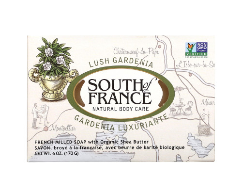 South of France, Пышная гардения, французское овальное мыло с органическим маслом ши, для очищения и увлажнения кожи,6 унций (170 г) South of France, Пышная гардения, французское овальное мыло с органическим маслом ши, для очищения и увлажнения кожи,6 унций (170 г)