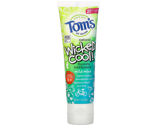 Tom's of Maine, Wicked Cool!, Natural Fluoride Toothpaste, Kids 8+, Wild Mint, 5.1 oz (144 g) Tom's of Maine, Wicked Cool!, Natural Fluoride Toothpaste, Kids 8+, Wild Mint, 5.1 oz (144 g)