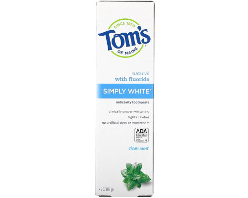 Tom's of Maine, Simply White, зубная паста со фтором, чистая мята, 4,7 унции (133 г) Tom's of Maine, Simply White, зубная паста со фтором, чистая мята, 4,7 унции (133 г)