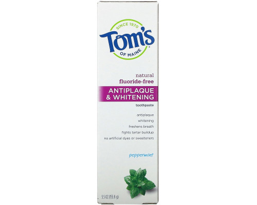 Tom's of Maine, Зубная паста для удаления налета и отбеливания зубов со вкусом перечной мяты, без фтора, 5,5 унций (155,9 г) Tom's of Maine, Зубная паста для удаления налета и отбеливания зубов со вкусом перечной мяты, без фтора, 5,5 унций (155,9 г)