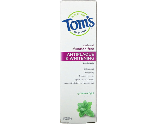 Tom's of Maine, Антибактериальная отбеливающая зубная паста без фторида, мятный гель, 4.7 унций (133 г)