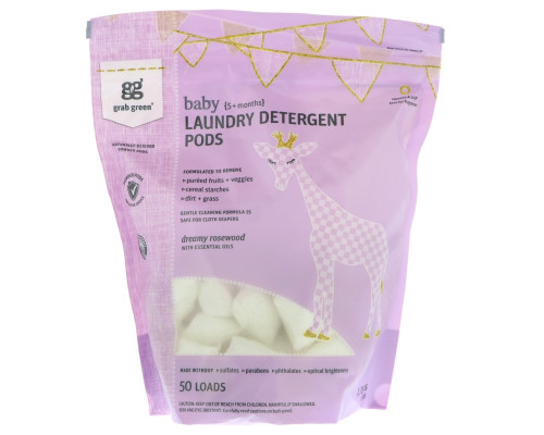 Grab Green, Laundry Detergent Pods, Baby, Dreamy Rosewood with Essential Oils, 5+ Months, 50 Loads, 1.76 lbs (800 g)