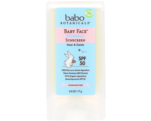 Babo Botanicals, Baby Face, солнцезащитный крем на минеральной основе в виде стика, SPF 50, 0,6 унц. (17 г) Babo Botanicals, Baby Face, солнцезащитный крем на минеральной основе в виде стика, SPF 50, 0,6 унц. (17 г)